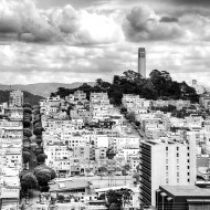 Coit Tower and the surround neighborhood as seen from the bottom of Lombard Street in San Francisco.